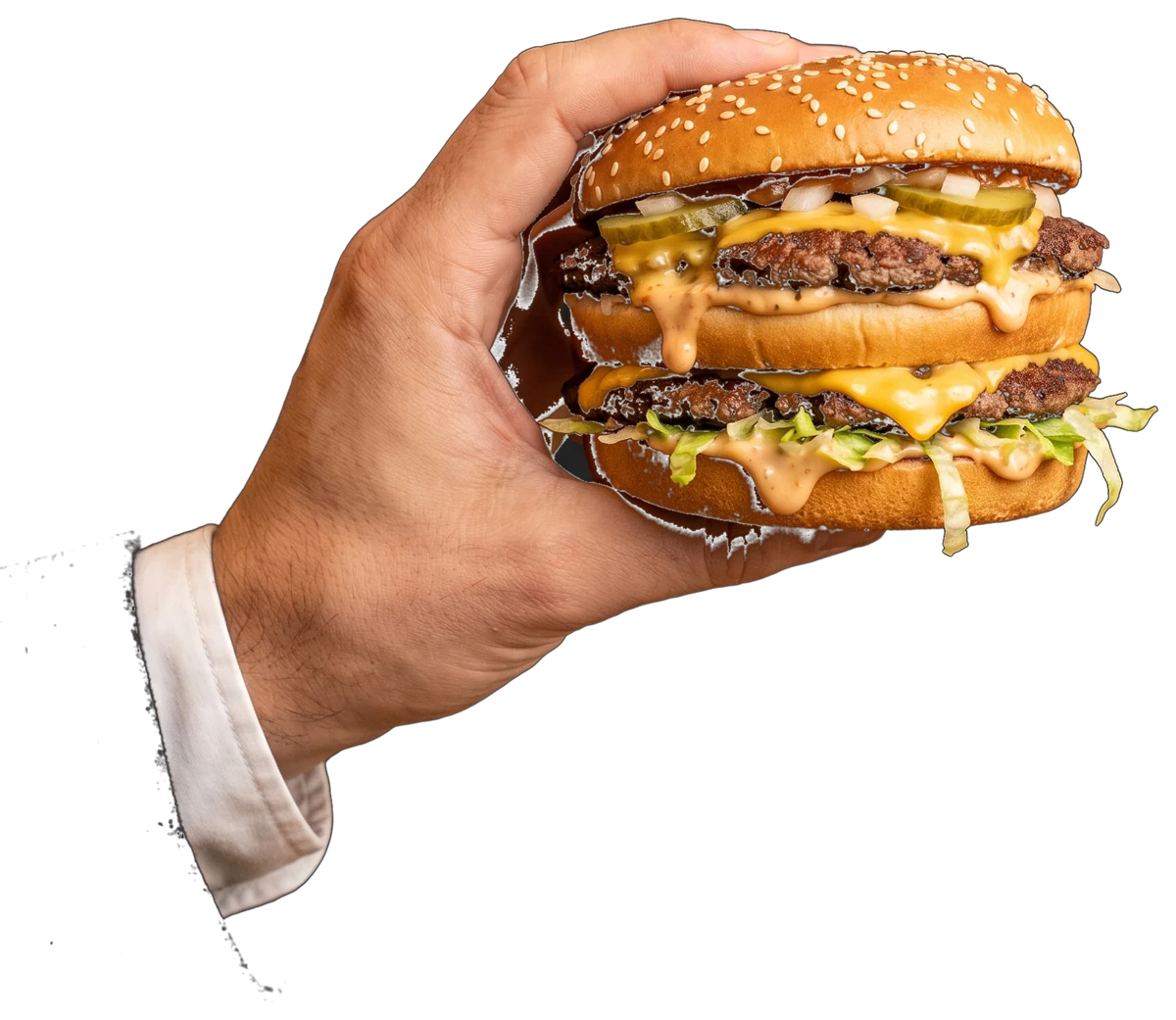 Una mano con puño de camisa blanco sostiene una hamburguesa doble de pan brioche, cheddar, pickles y cebolla.