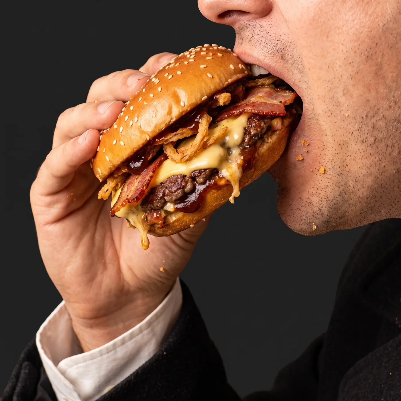 Una boca muerde una hamburguesa sostenida por una mano con puño de camisa blanco.